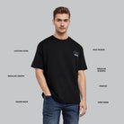 Man wearing a black t-shirt with text labels on a gray background