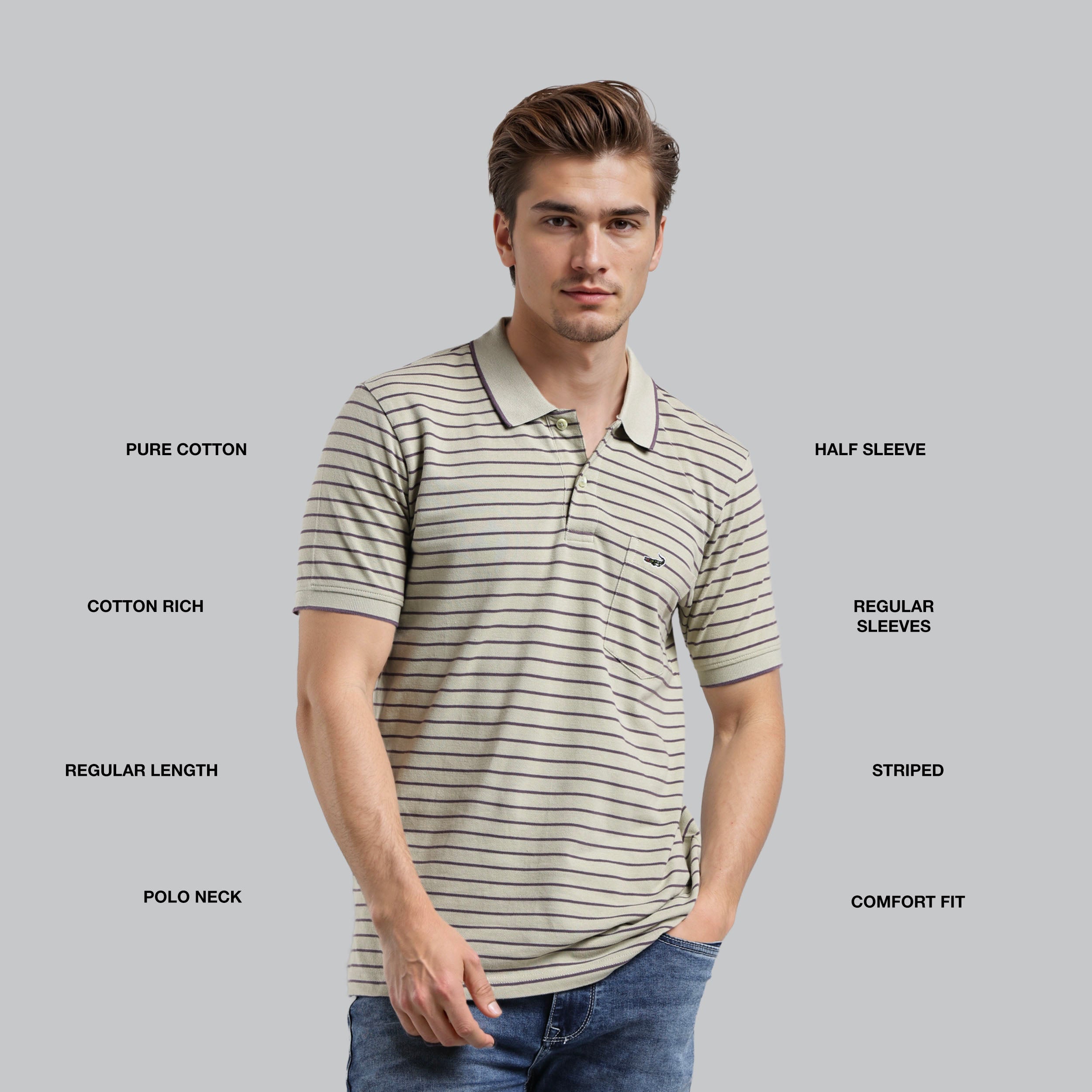 Man wearing a striped polo shirt with text describing features on a gray background