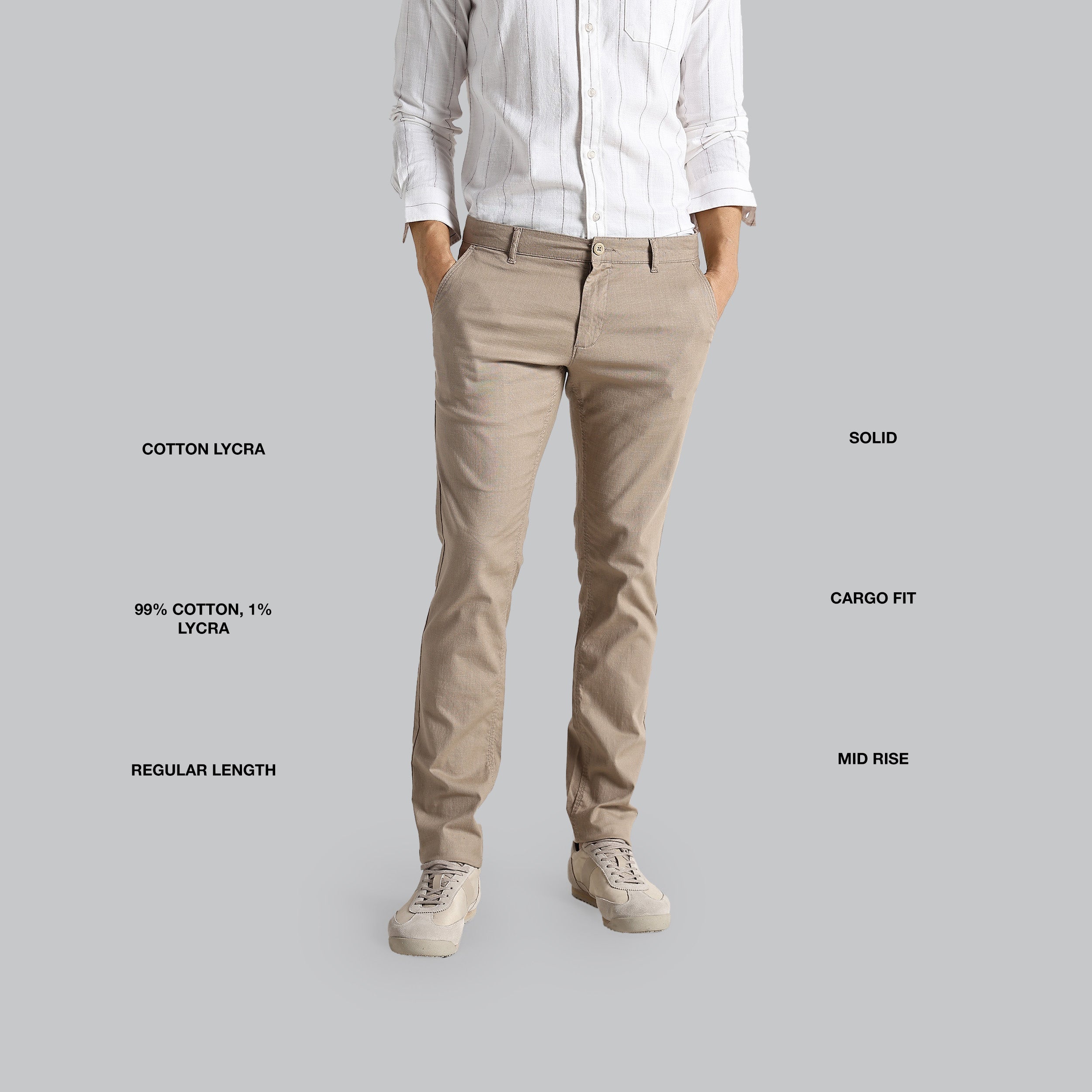 Person wearing beige pants with text labels on a gray background