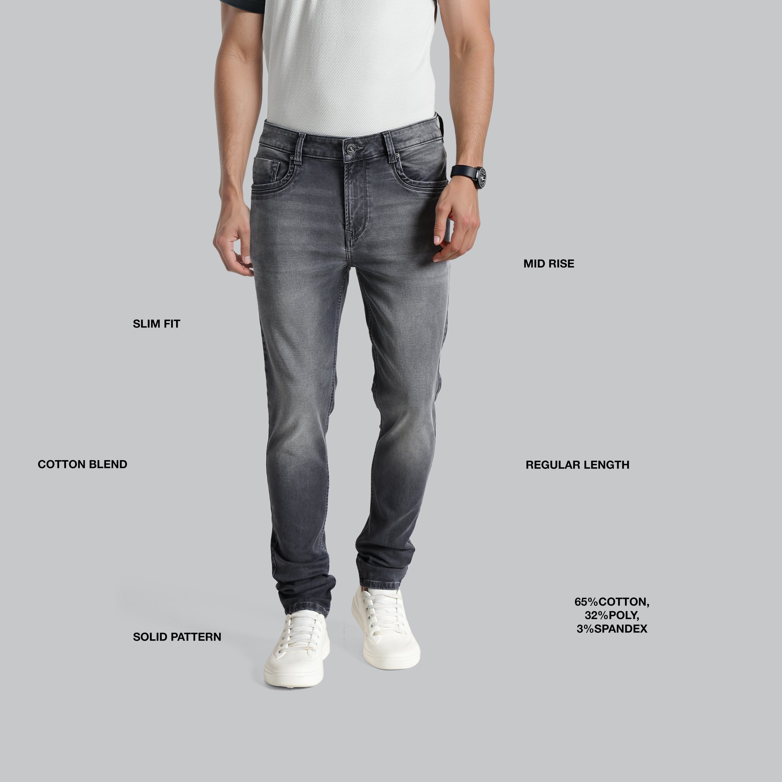 Person wearing gray jeans with text labels on a gray background