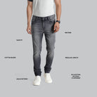 Person wearing gray jeans with text labels on a gray background