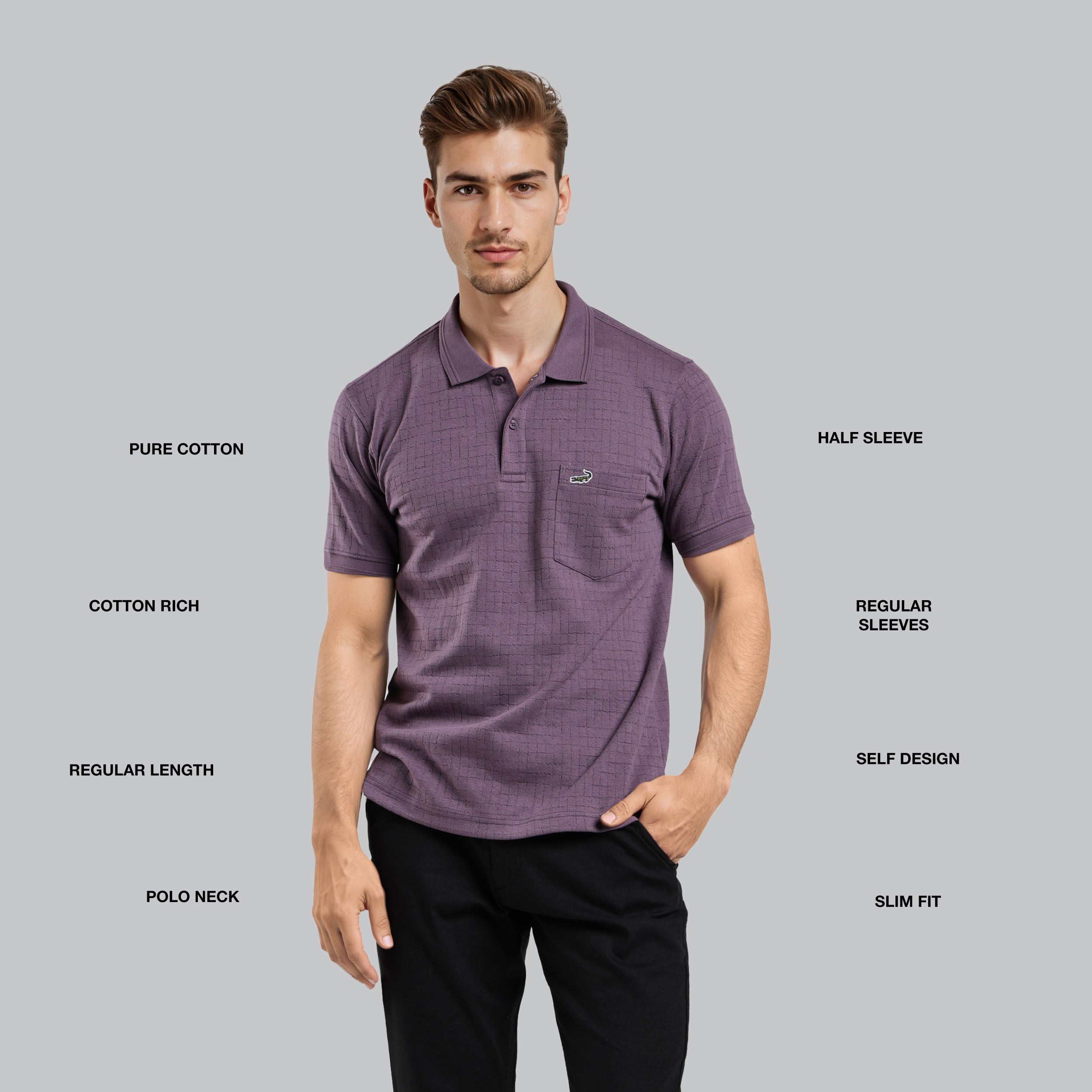 Man wearing a purple polo shirt with text describing features on a gray background