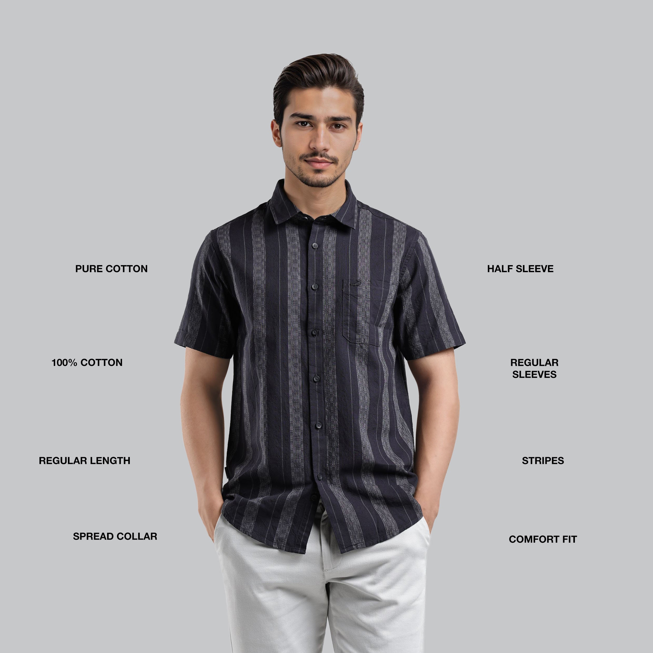 Man wearing a black striped shirt with text labels on a gray background