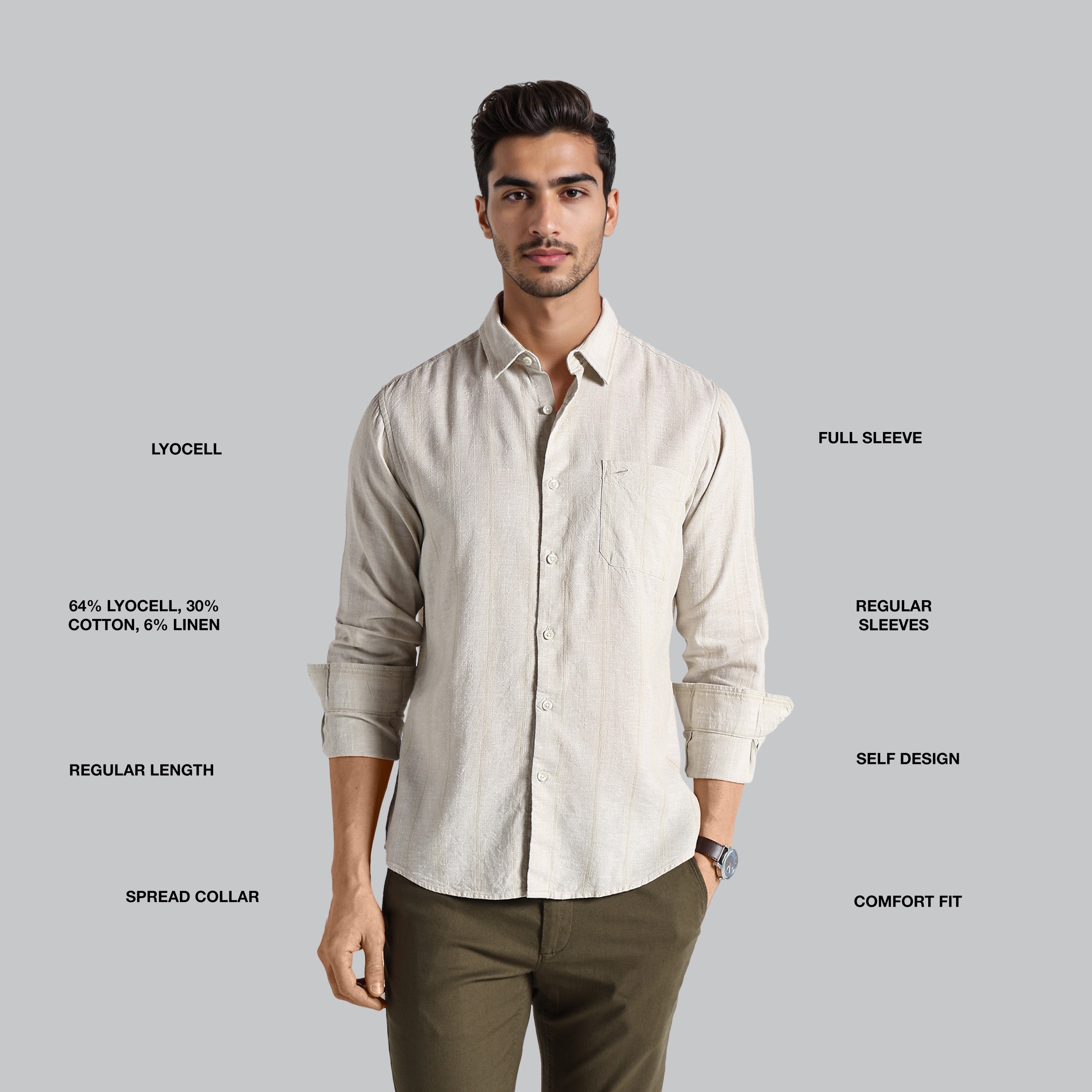 Man wearing a light-colored shirt with text detailing fabric composition and style features on a gray background