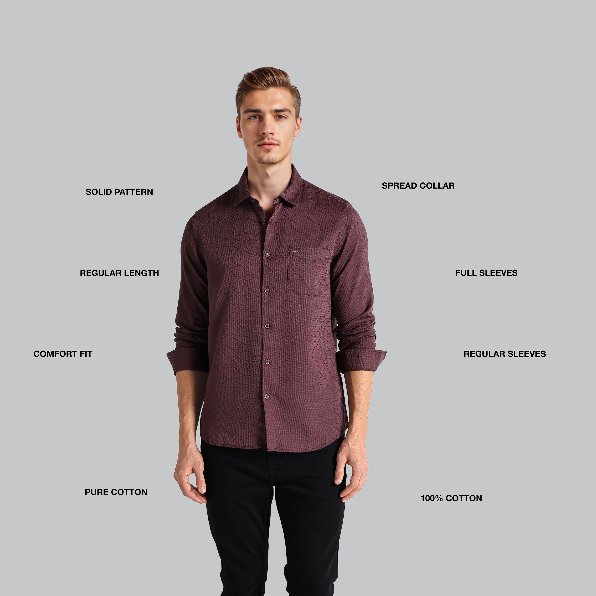 Man wearing a maroon shirt with text labels on a gray background