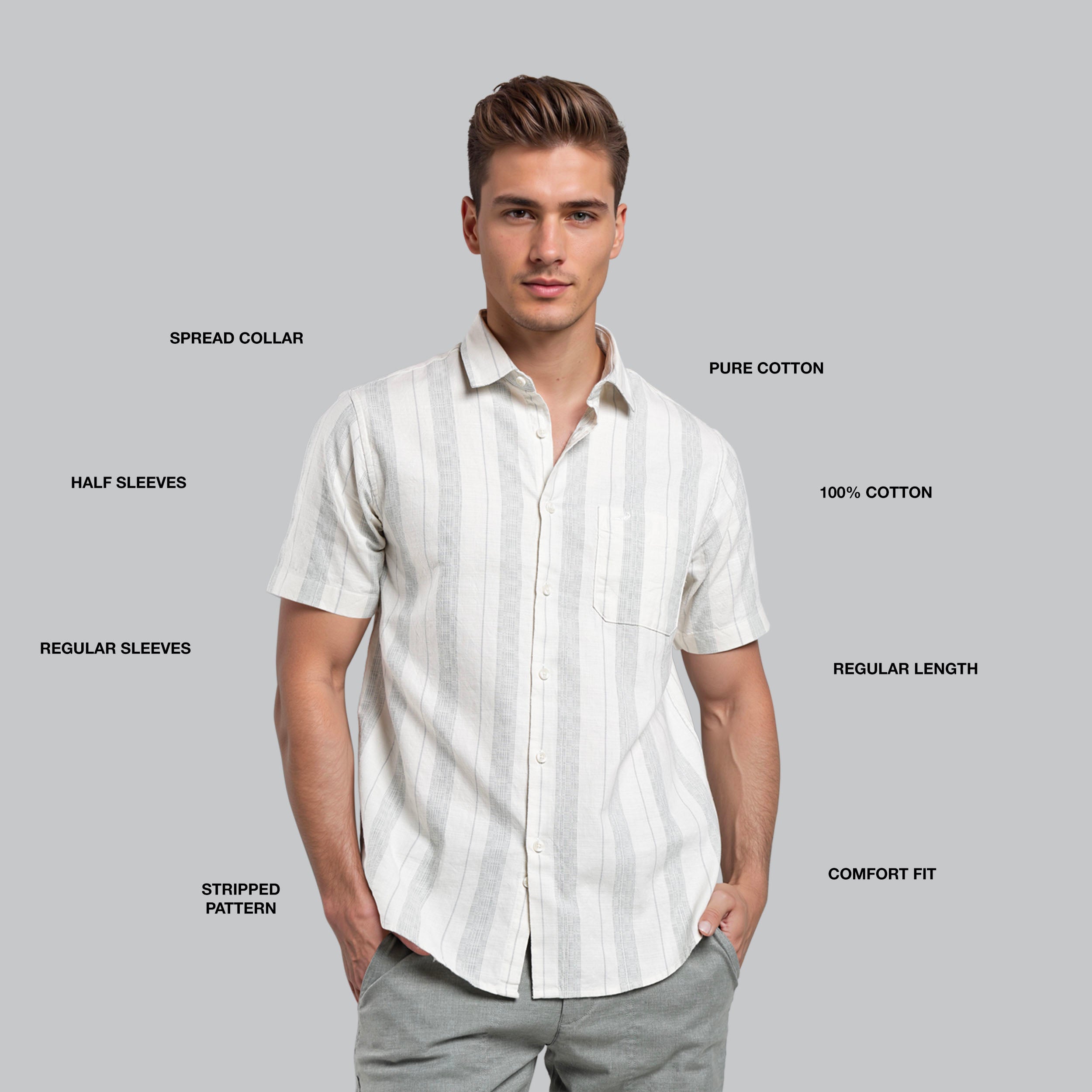 Man wearing a white striped shirt with text labels on a gray background