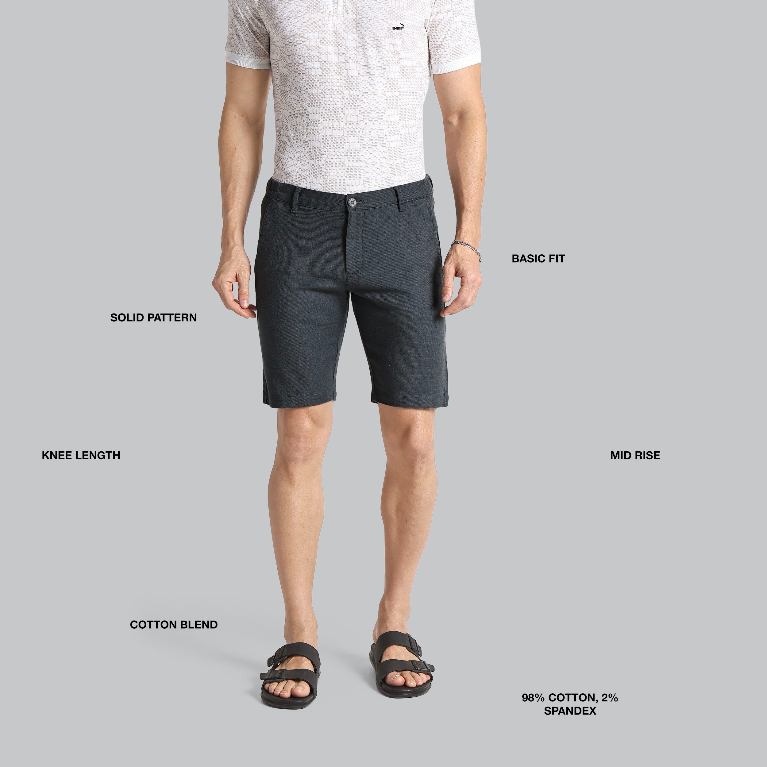 Person wearing black shorts with text labels on a gray background