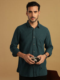 Teal Blue Checked Full Sleeve 100% Cotton Shirt