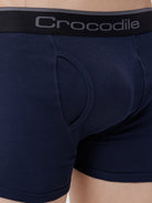 Navy blue boxer briefs with a black waistband featuring 'Crocodile' branding.