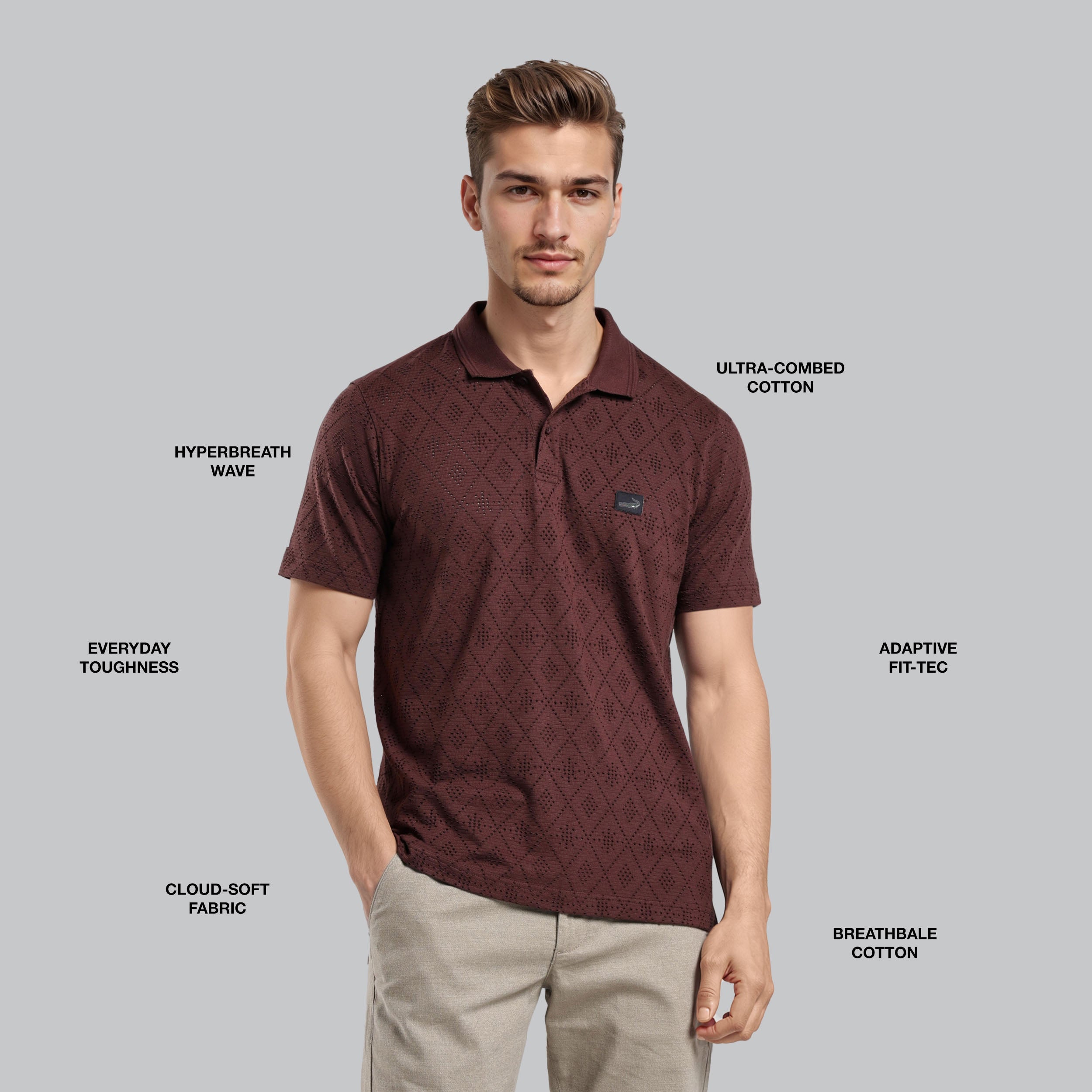 Man wearing a brown polo shirt with text highlighting fabric features on a gray background