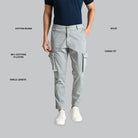 Person wearing gray cargo pants with text detailing fabric blend, length, and fit on a gray background
