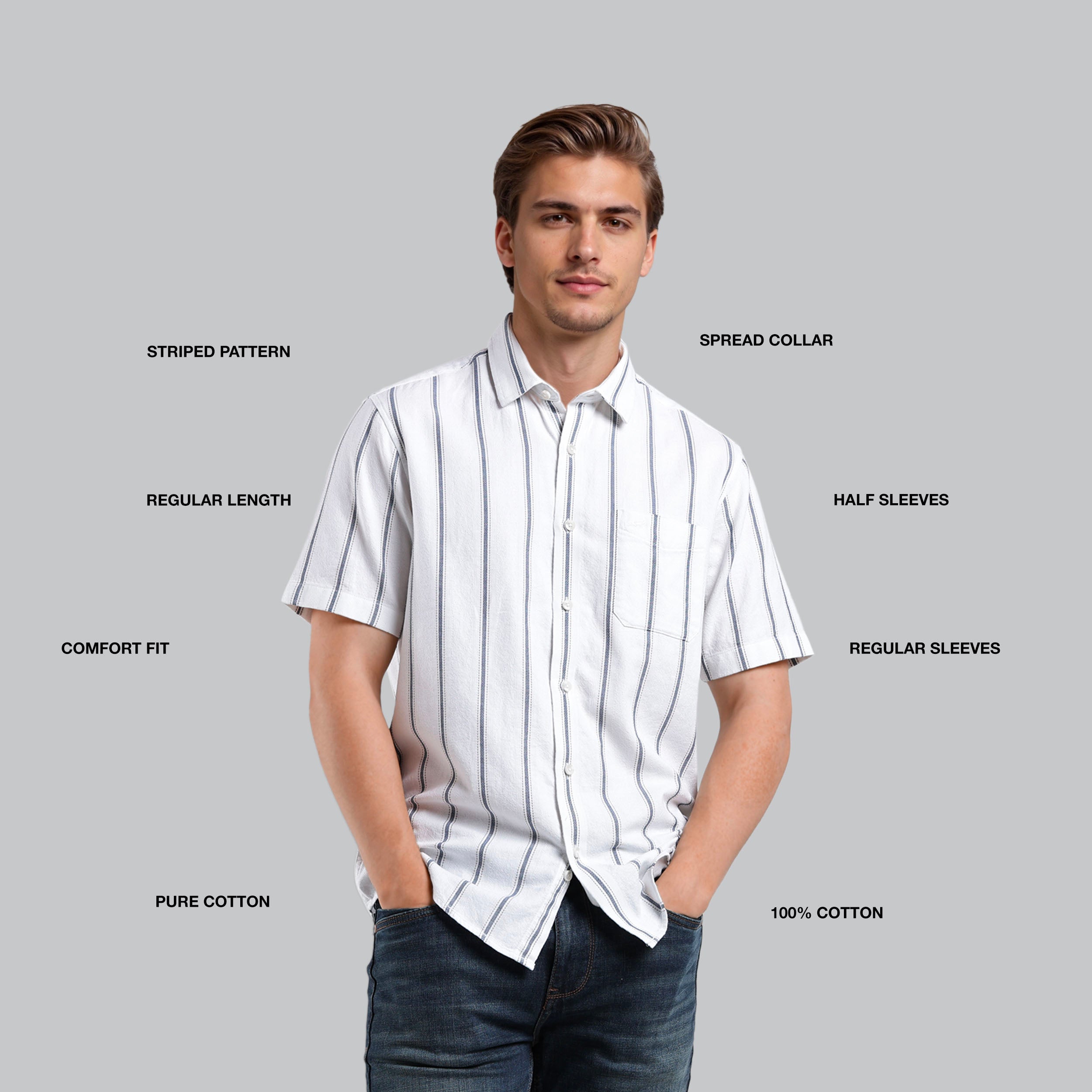 Man wearing a white striped shirt with text labels on a gray background