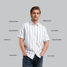 Man wearing a white striped shirt with text labels on a gray background