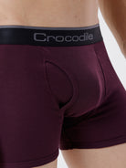 Maroon boxer briefs with a black waistband featuring 'Crocodile' branding.