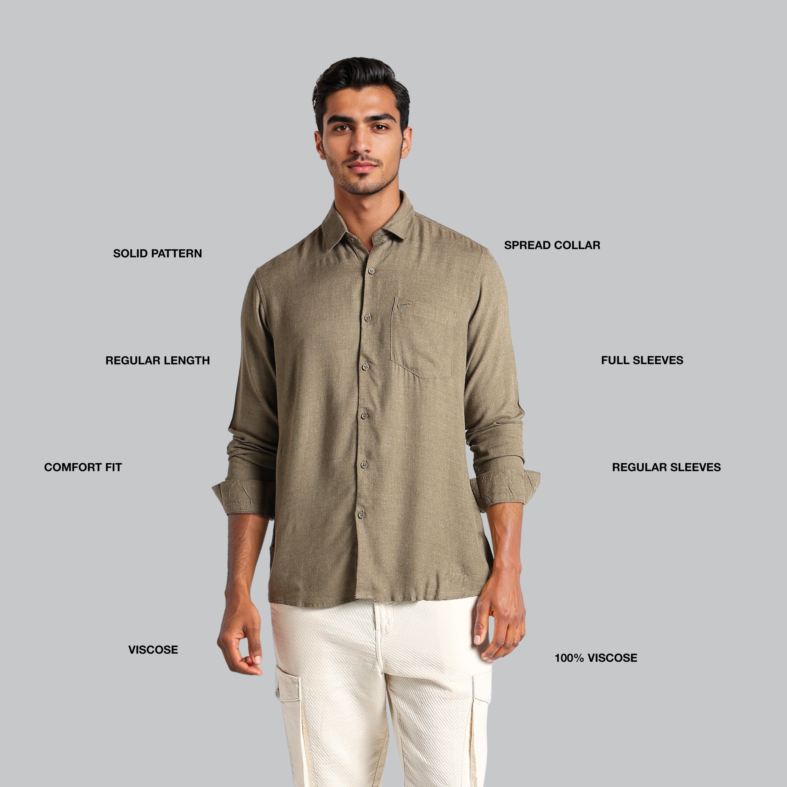 Man wearing a brown shirt with text labels on a gray background