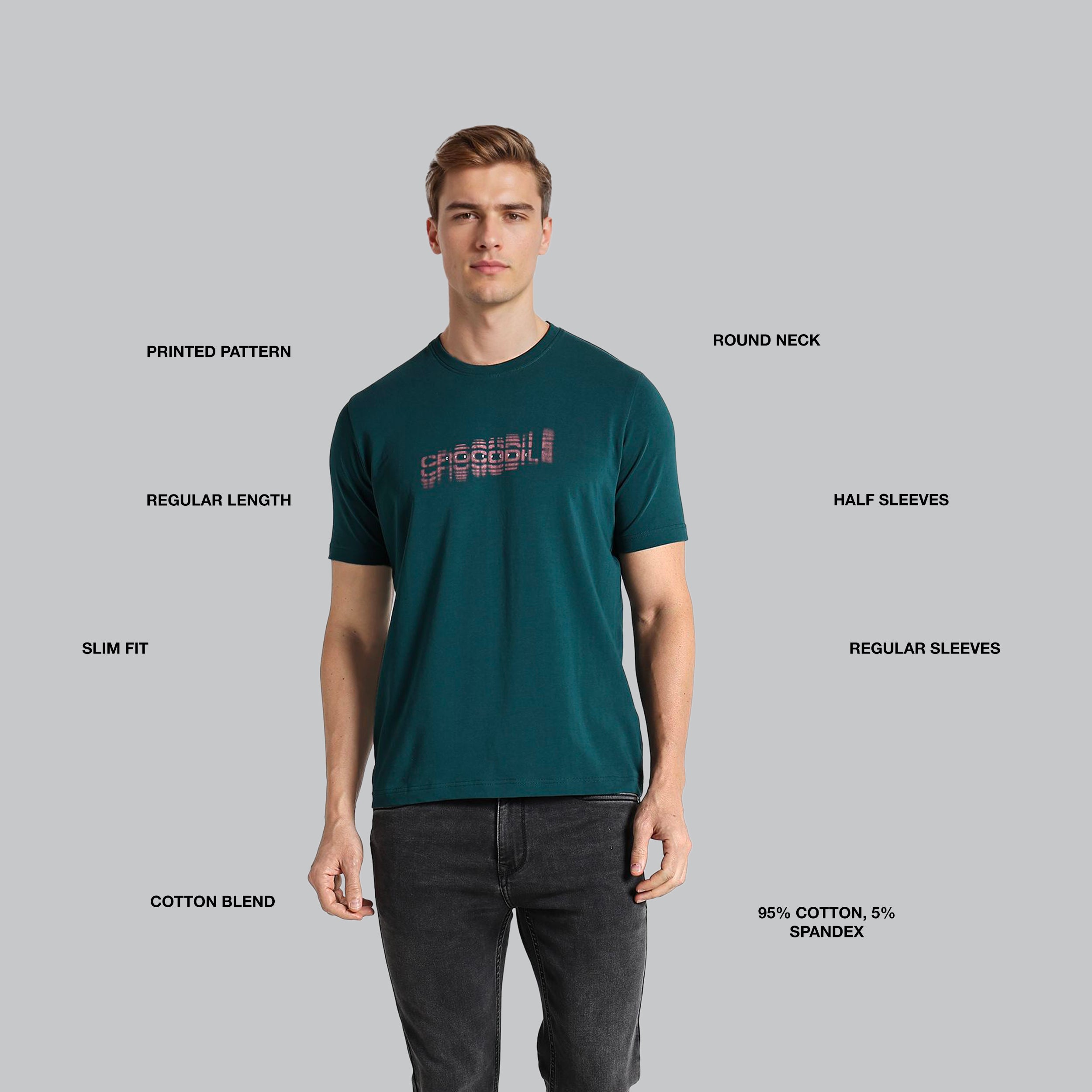 Man wearing a green t-shirt with text on a gray background, featuring text labels about shirt details.