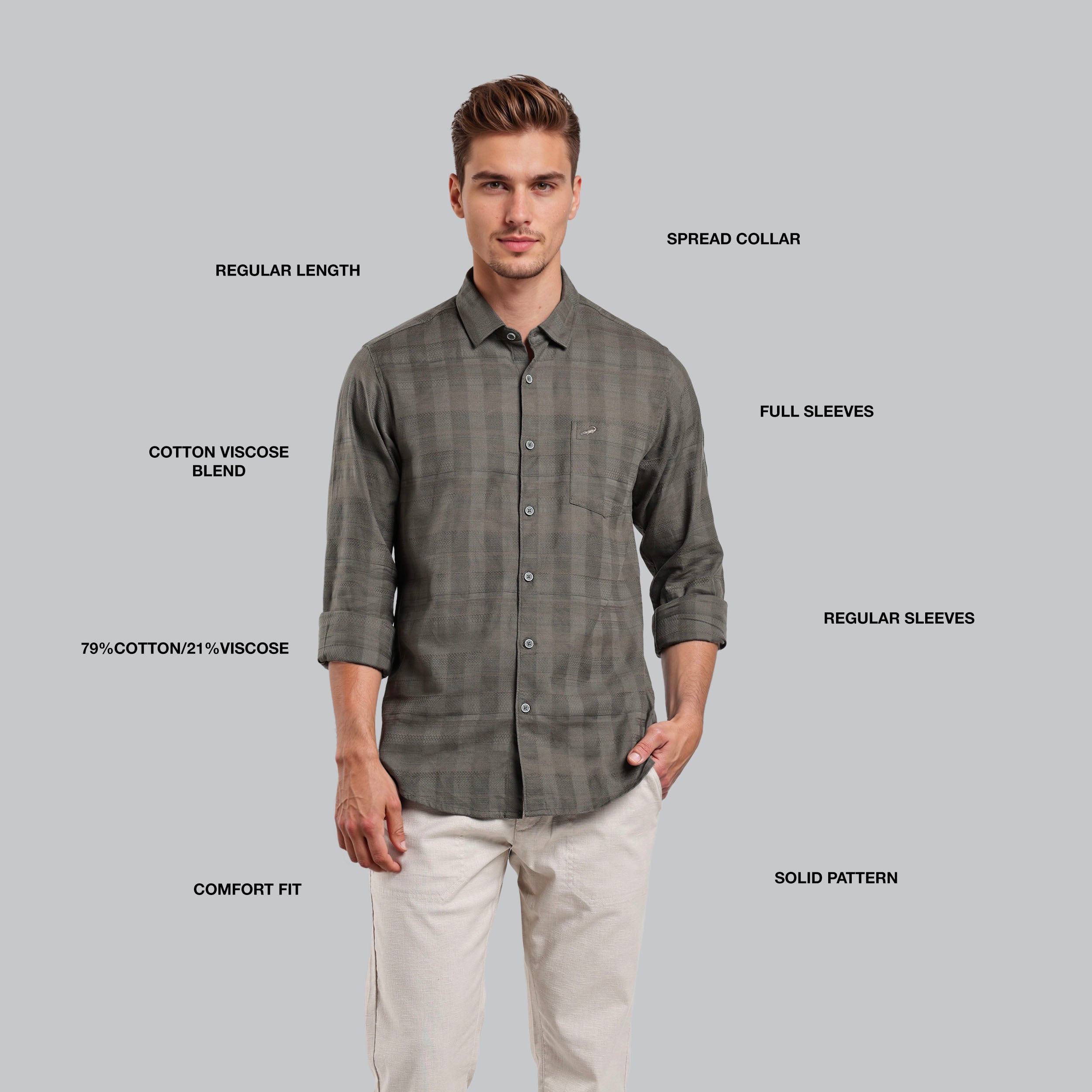 Man wearing a gray checkered shirt with text labels on a gray background