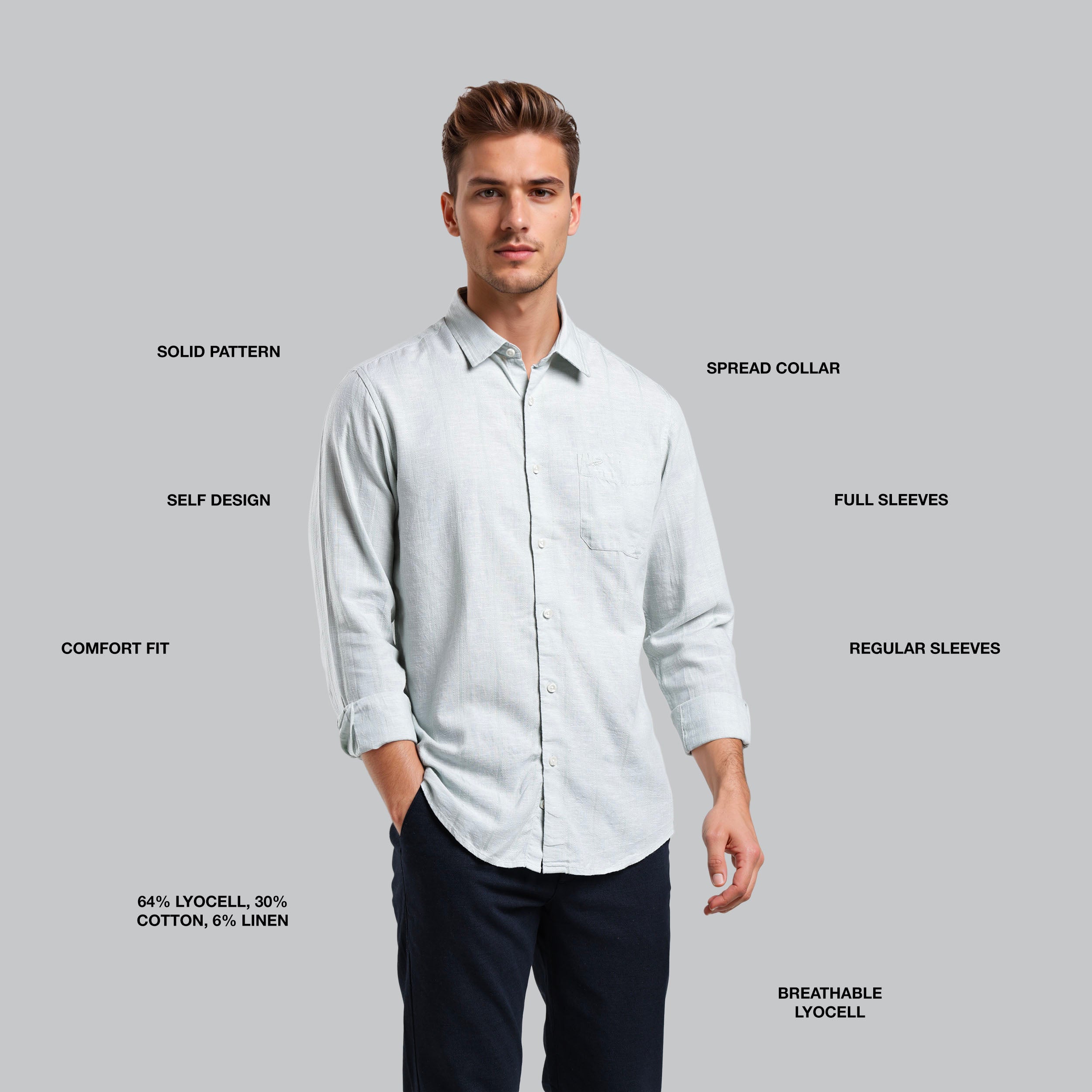 Man wearing a light gray shirt with text labels on a gray background