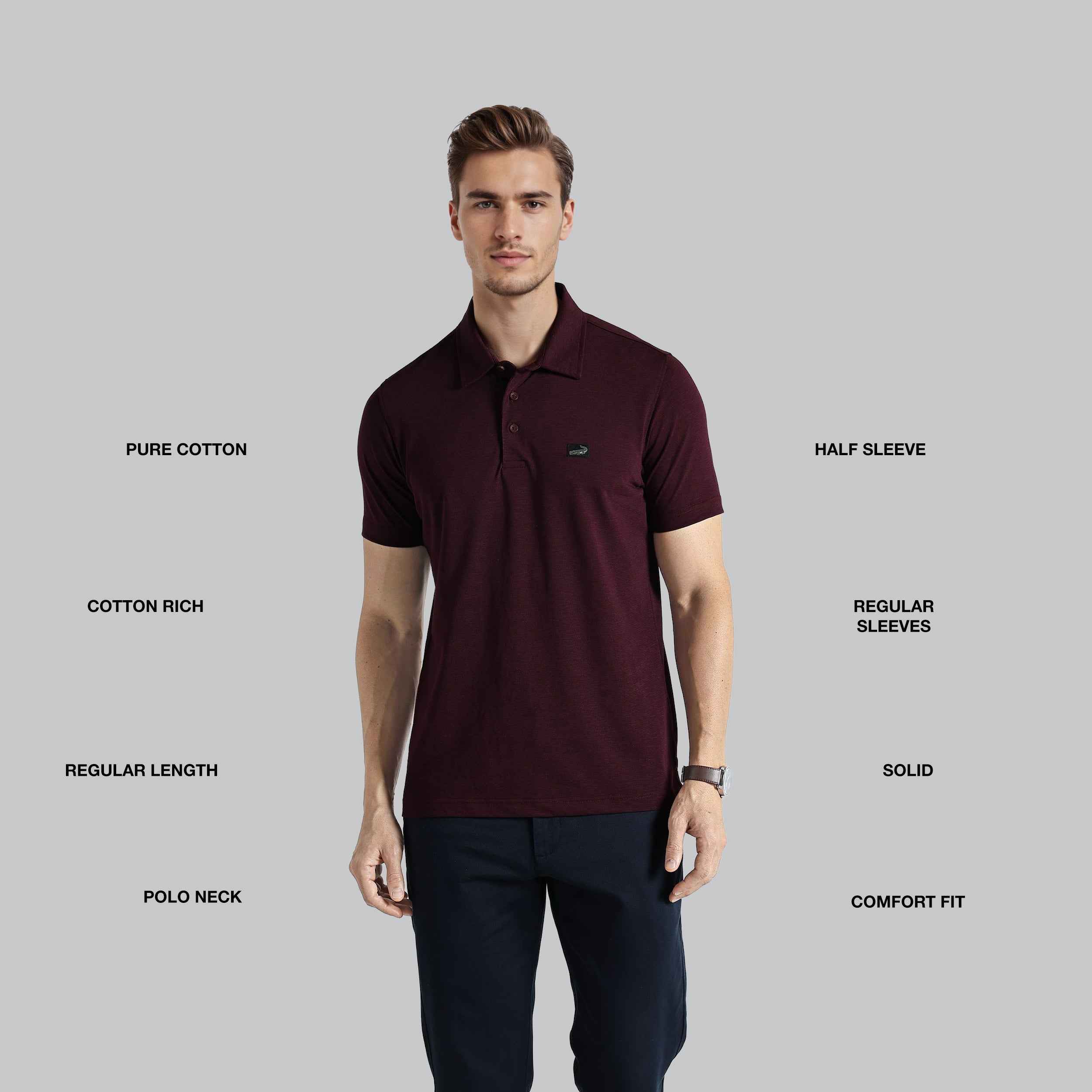 Man wearing a maroon polo shirt with text describing features on a gray background