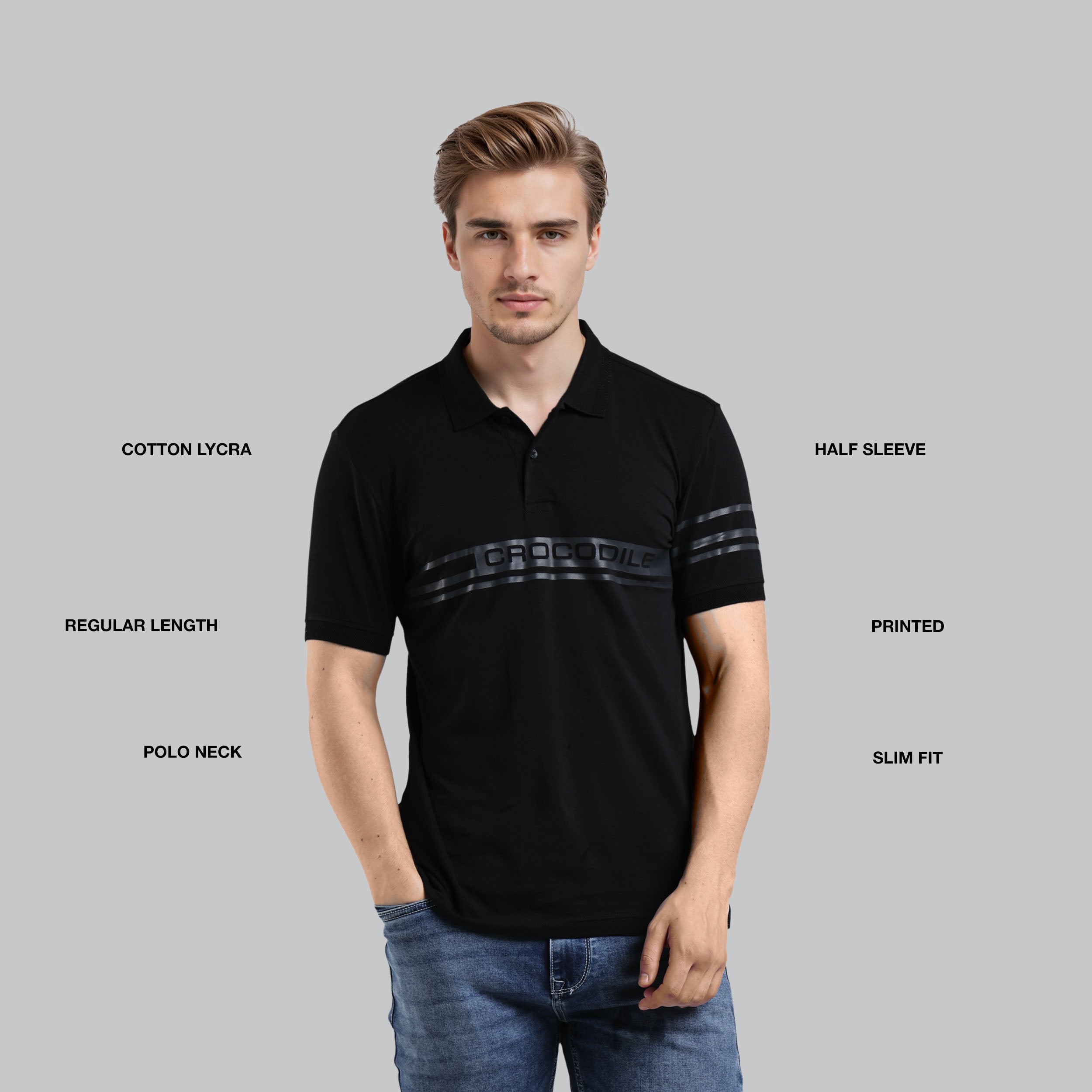 Man wearing a black polo shirt with text labels on a gray background