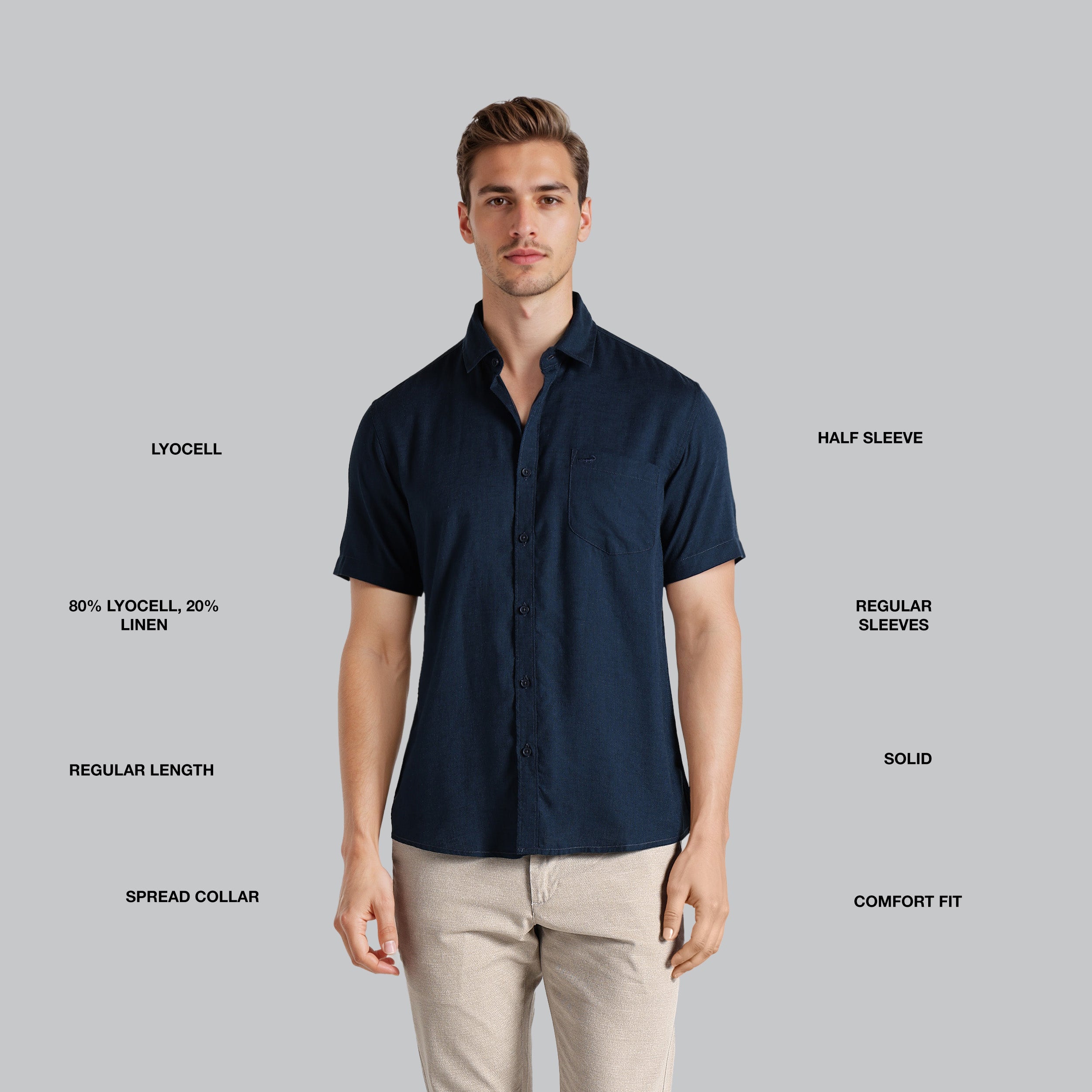 Man wearing a navy blue shirt with text labels on a gray background