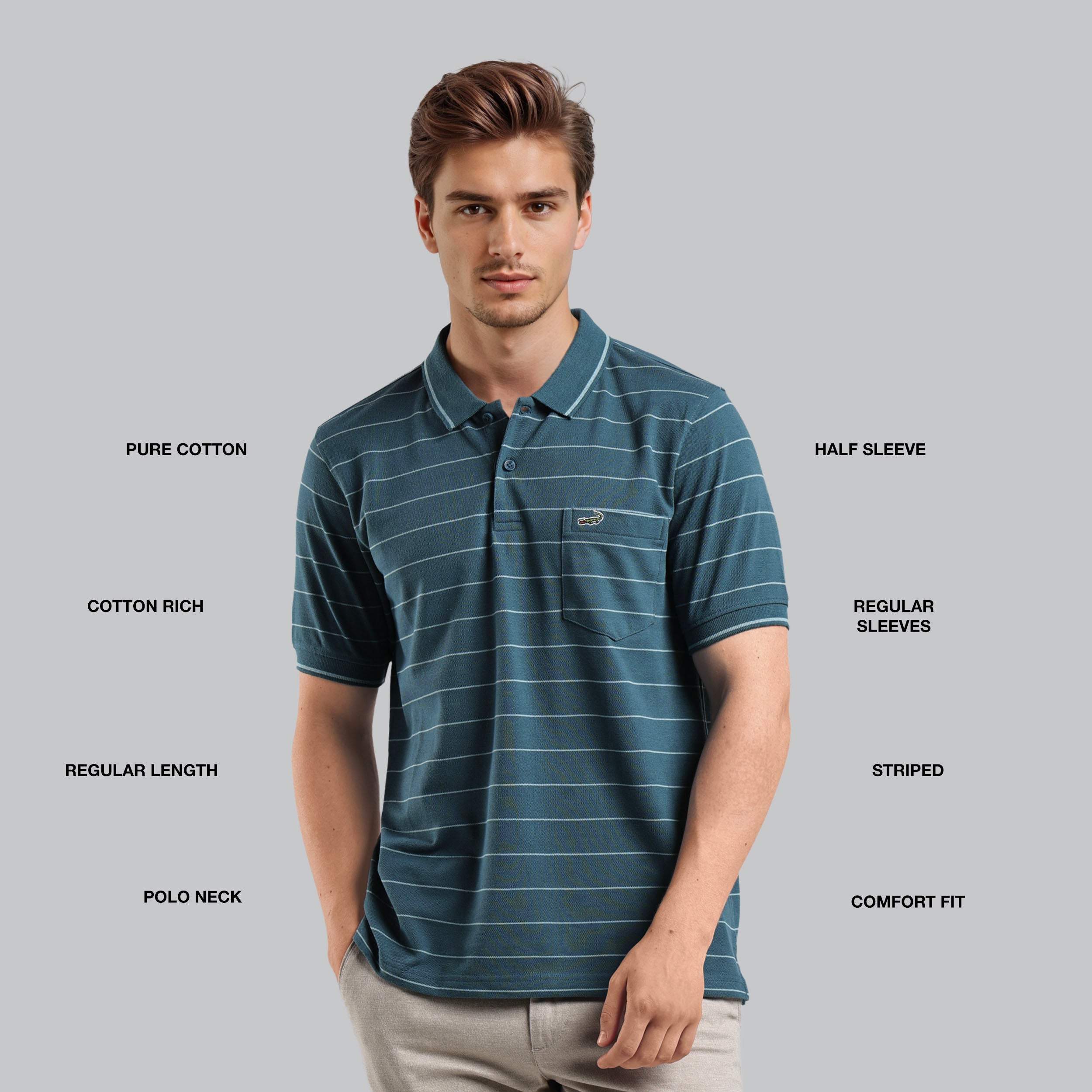 Man wearing a blue striped polo shirt with text describing features on a gray background