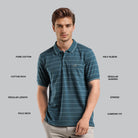 Man wearing a blue striped polo shirt with text describing features on a gray background