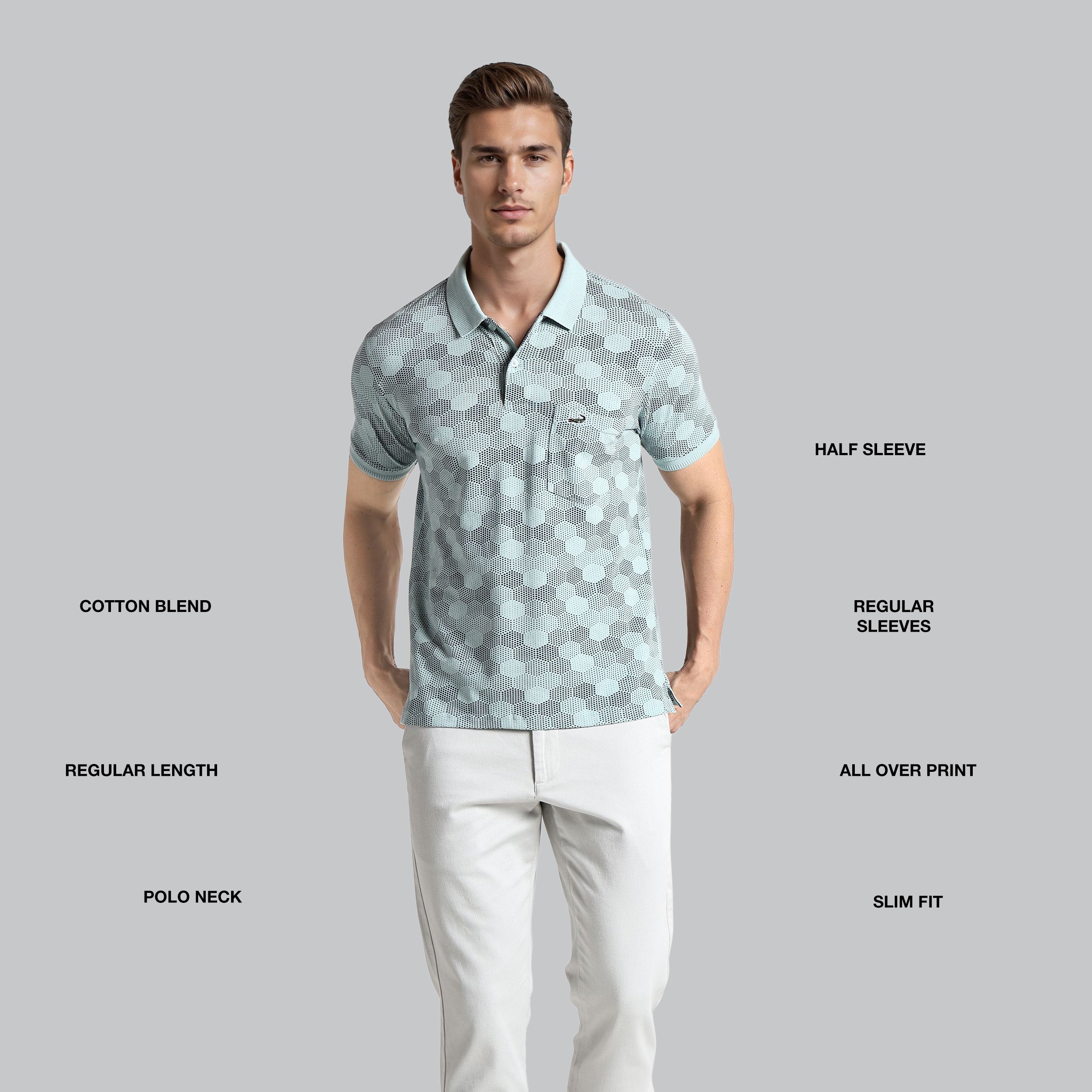 Man wearing a patterned polo shirt with text describing features on a gray background