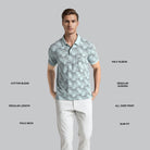 Man wearing a patterned polo shirt with text describing features on a gray background