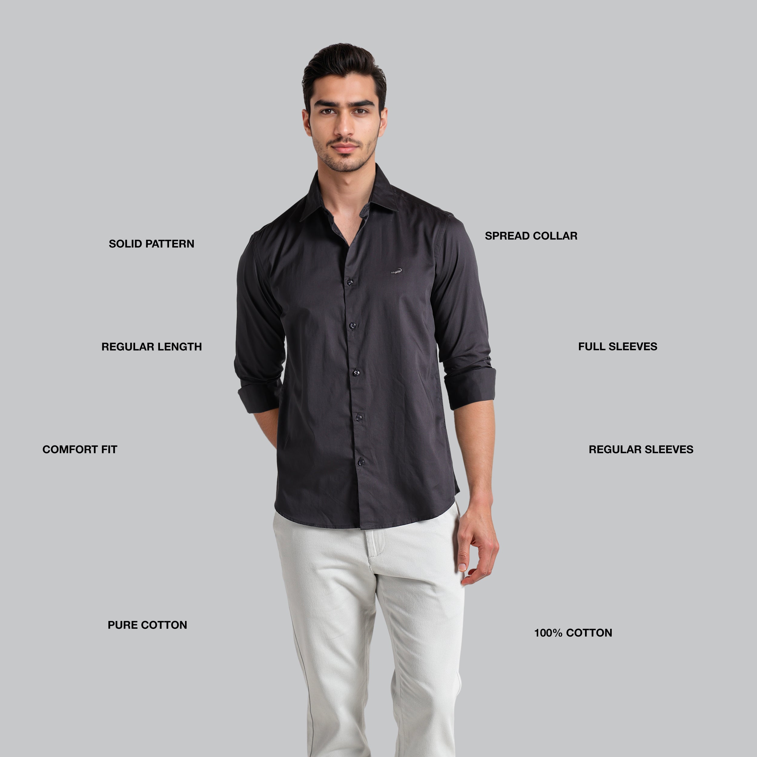 Man wearing a black shirt with text labels on a gray background