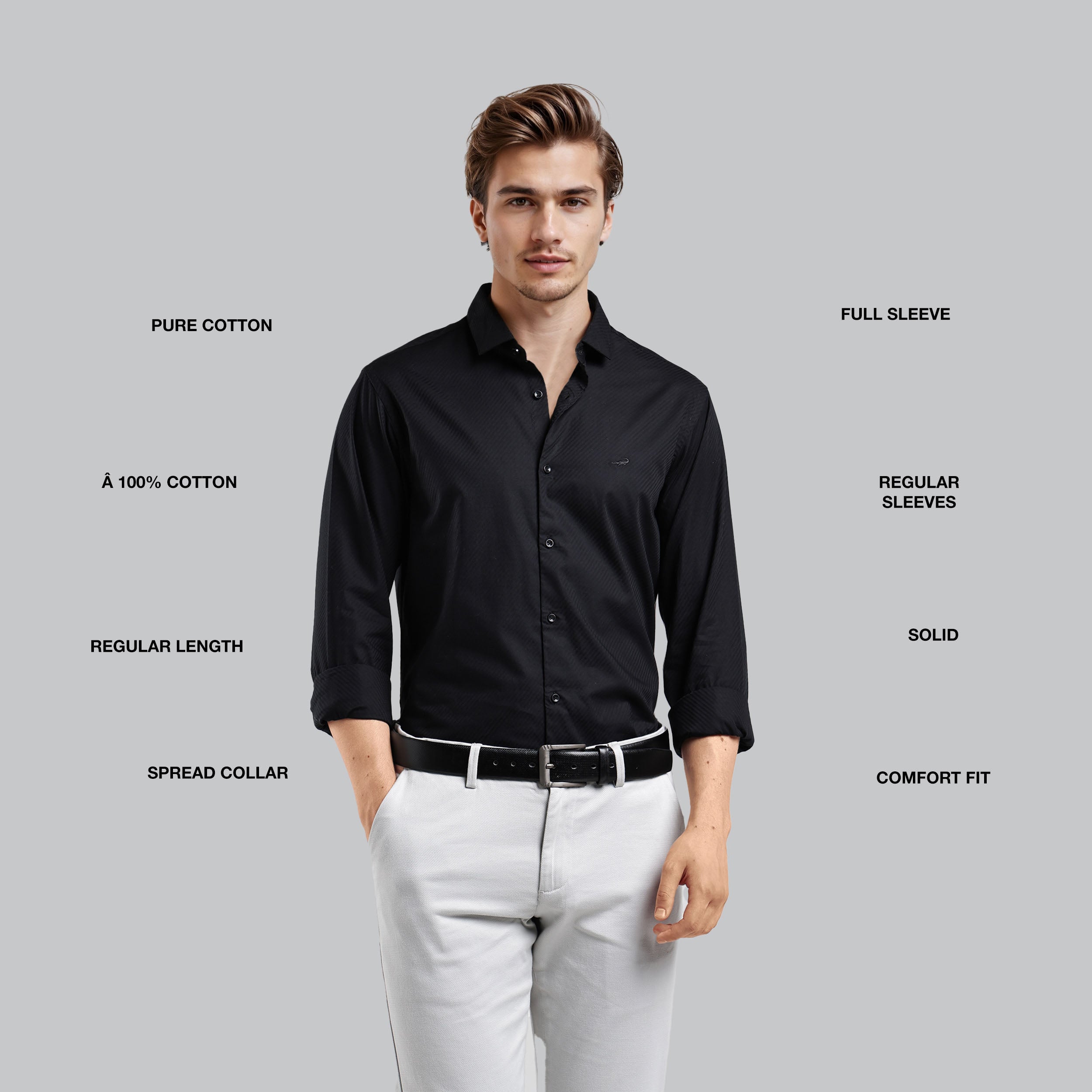 Man wearing a black shirt with text labels on a gray background