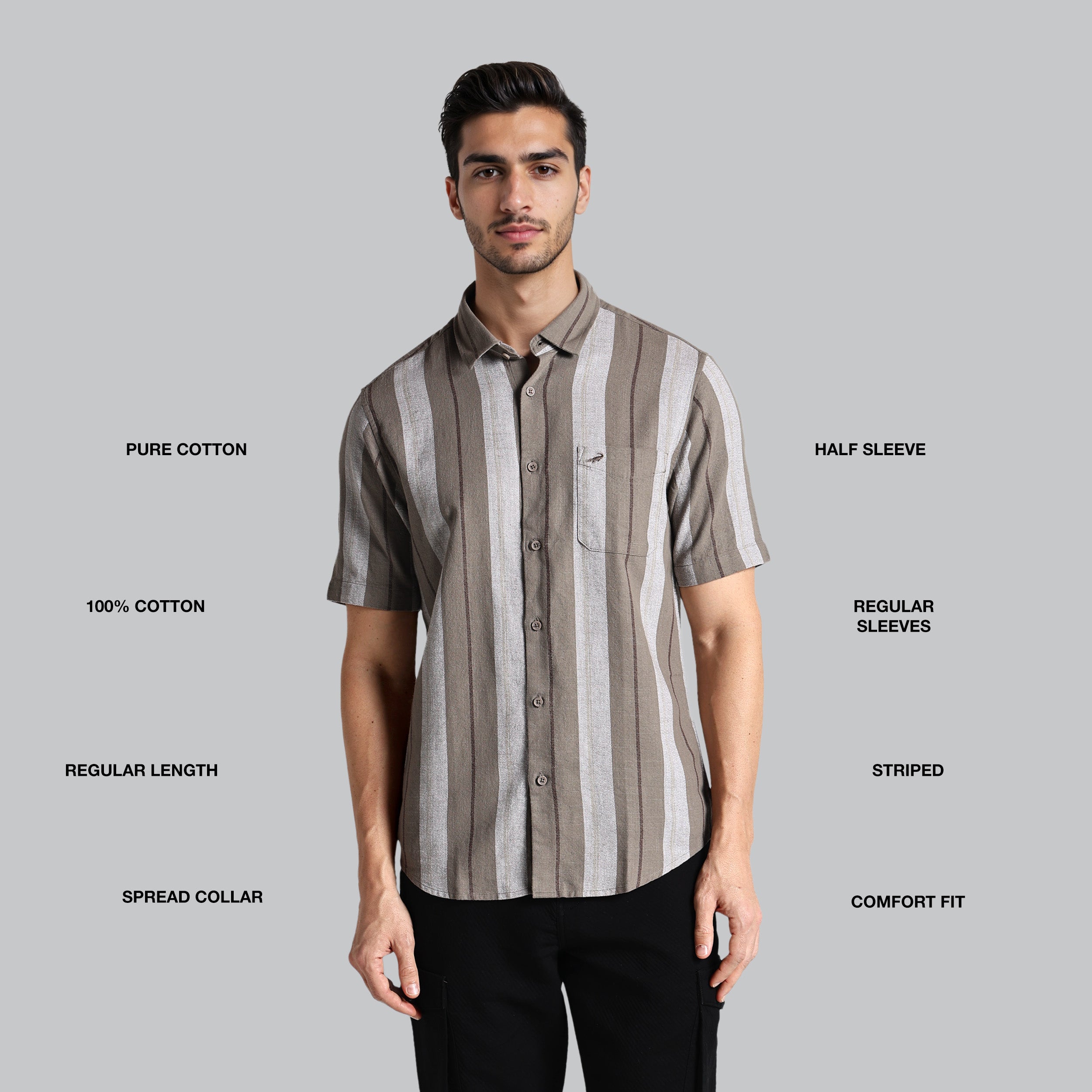 Man wearing a striped shirt with text describing features on a gray background