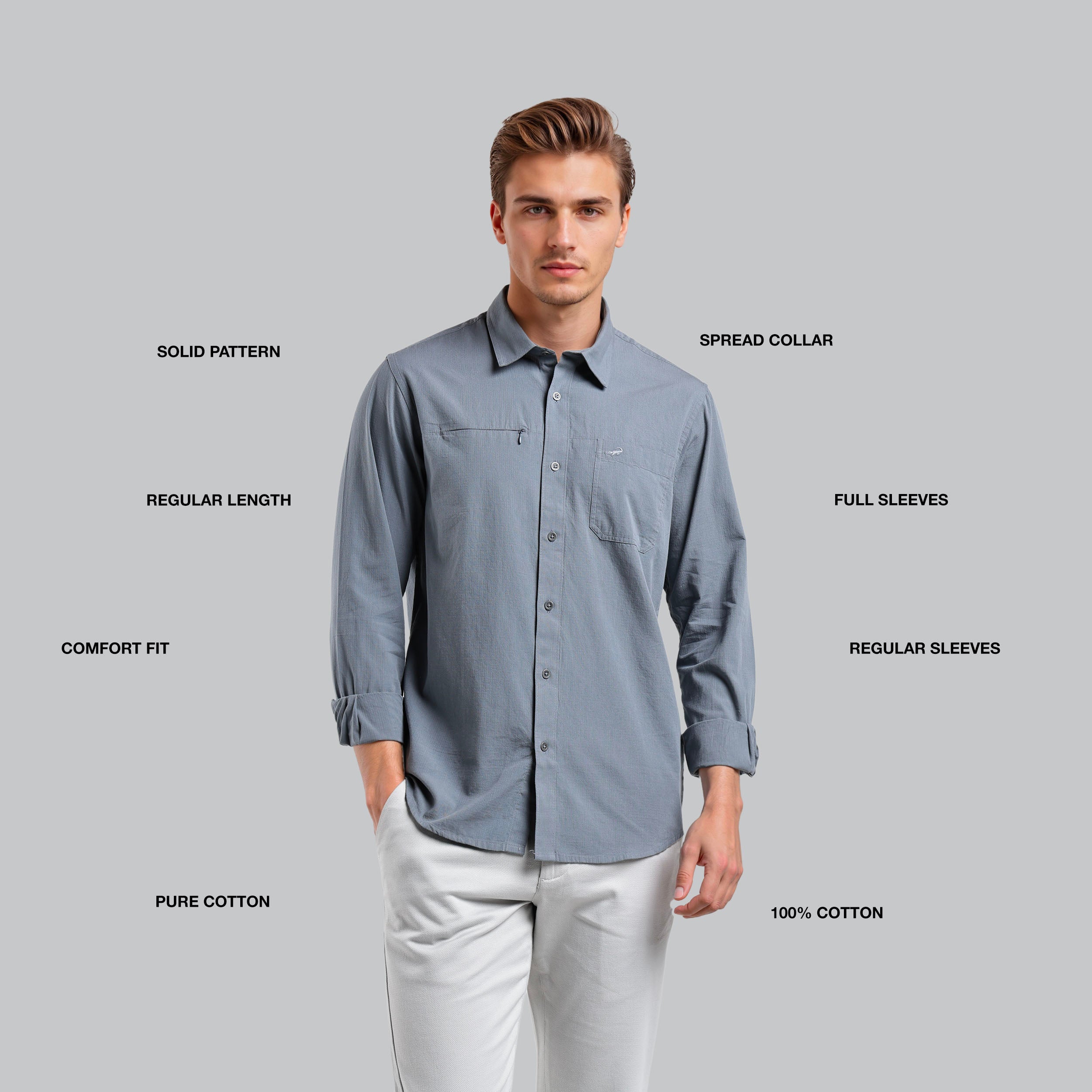 Man wearing a gray shirt with text labels on a gray background