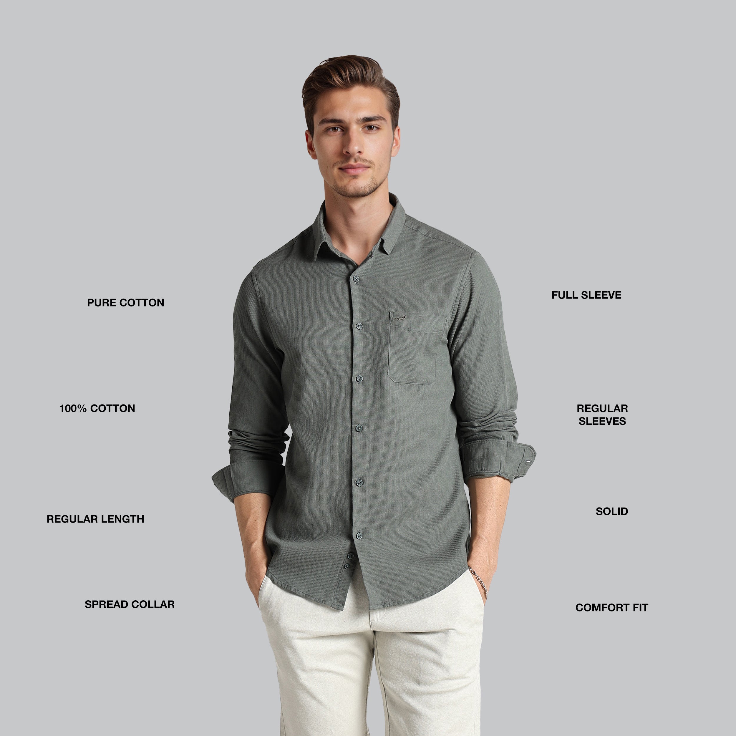 Man wearing a gray shirt with text describing features on a gray background