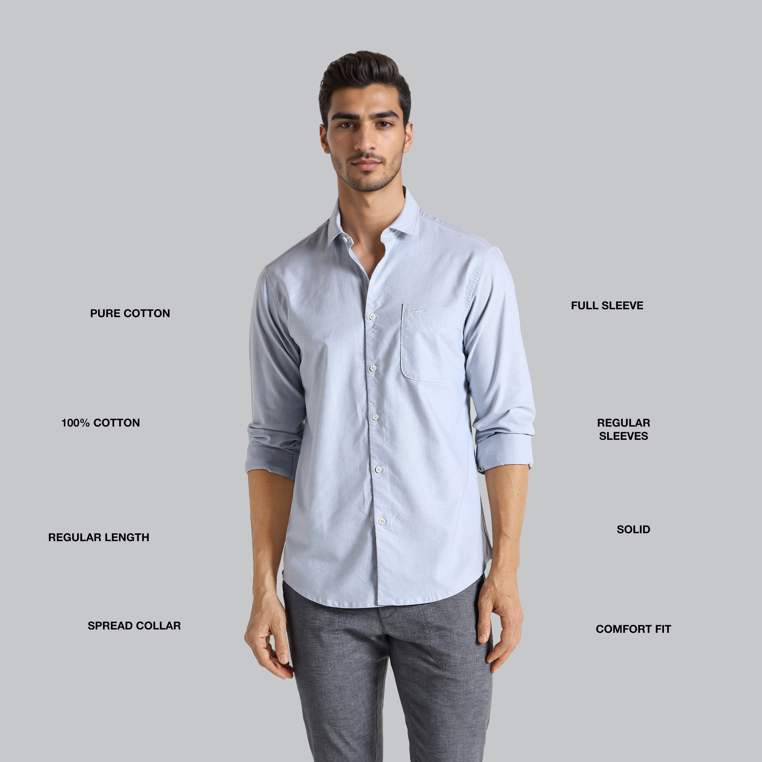 Man wearing a light blue shirt with text labels on a gray background