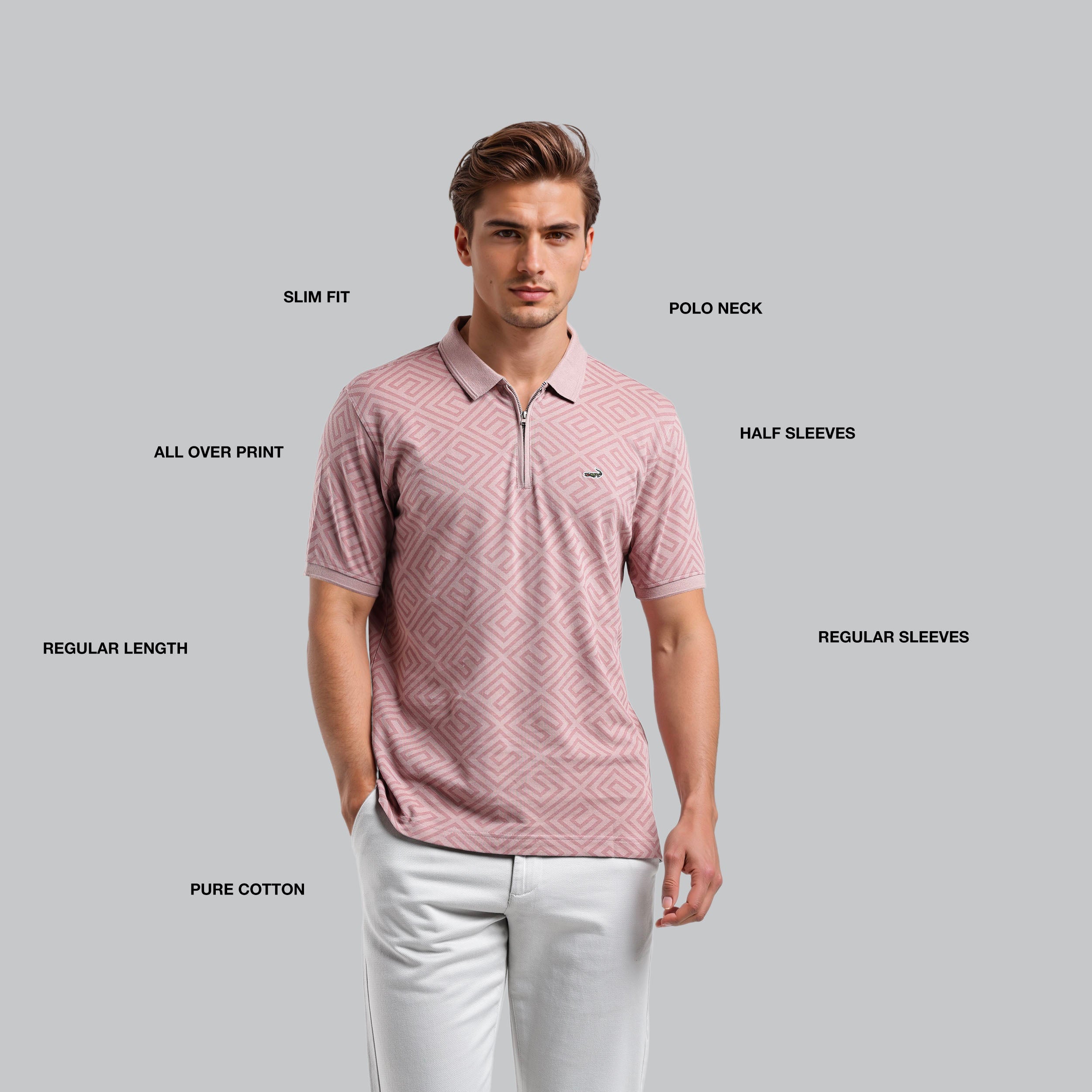 Man wearing a pink patterned polo shirt with text labels on a gray background