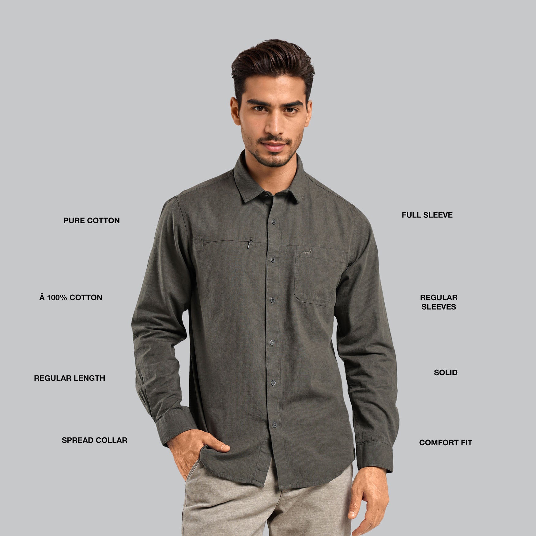 Man wearing a gray shirt with text describing features on a gray background