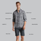 Man wearing a black and white checkered shirt with text labels on a gray background