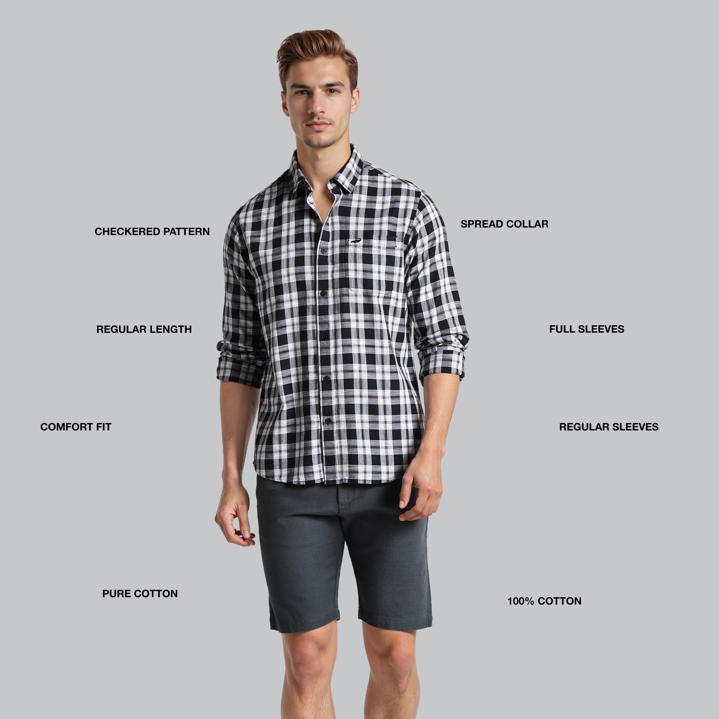 Man wearing a black and white checkered shirt with text labels on a gray background