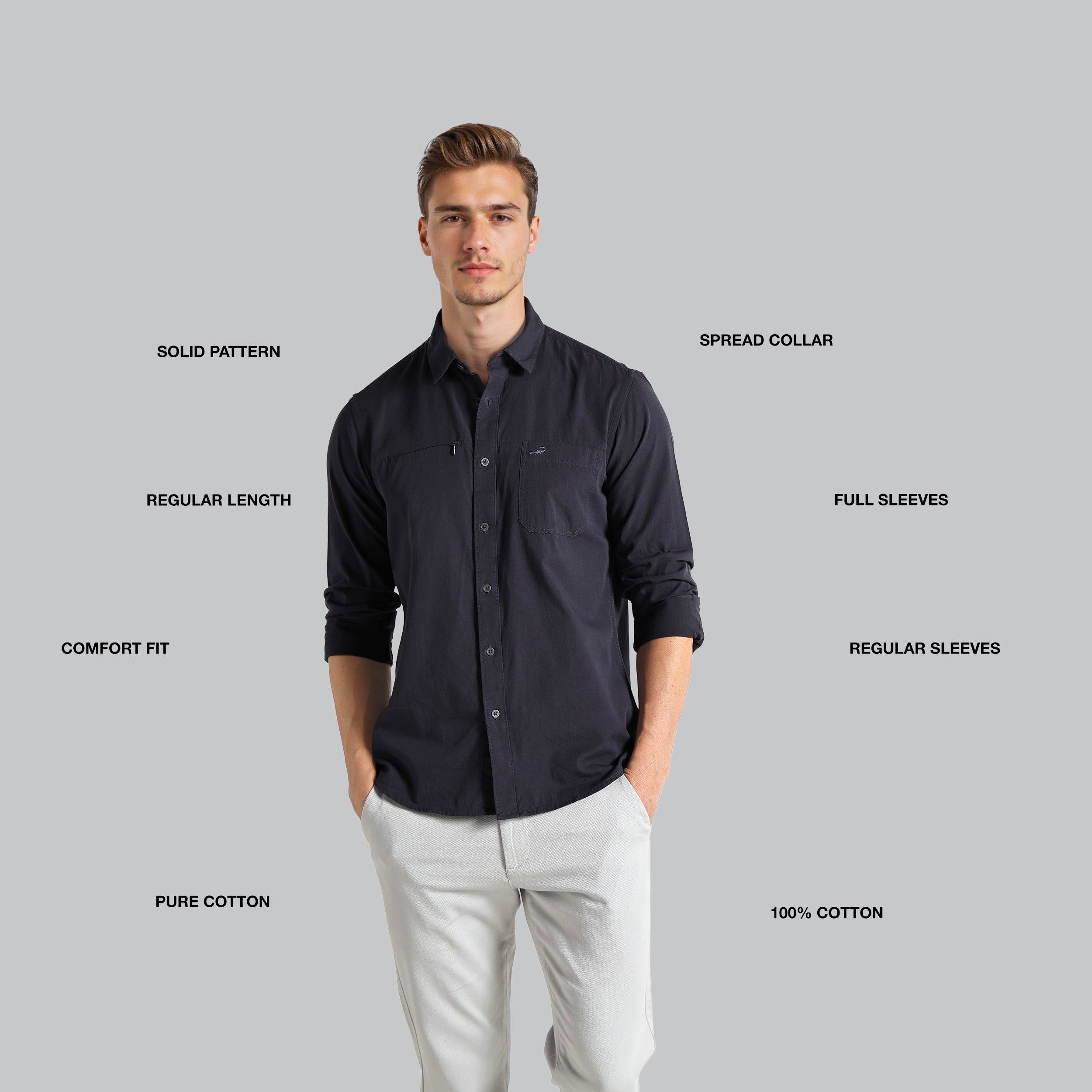 Man wearing a black shirt with text labels on a gray background