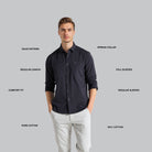 Man wearing a black shirt with text labels on a gray background