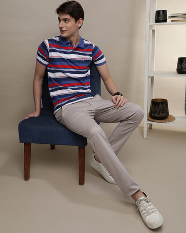 Blue White Half Sleeve Striper Slim Fit T-Shirt