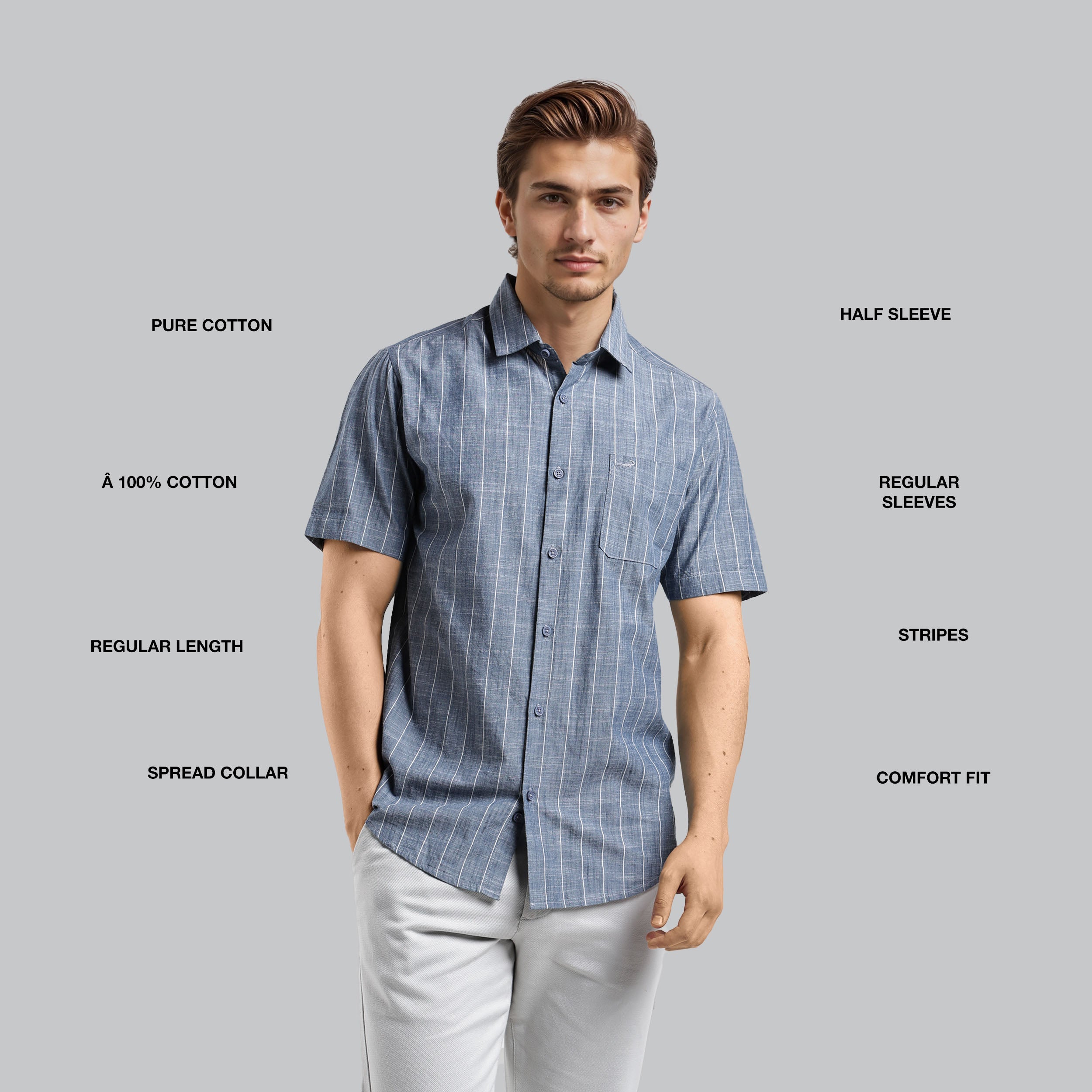 Man wearing a blue checkered shirt with text describing features on a gray background