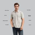 Man wearing a light gray polo shirt with text labels on a gray background