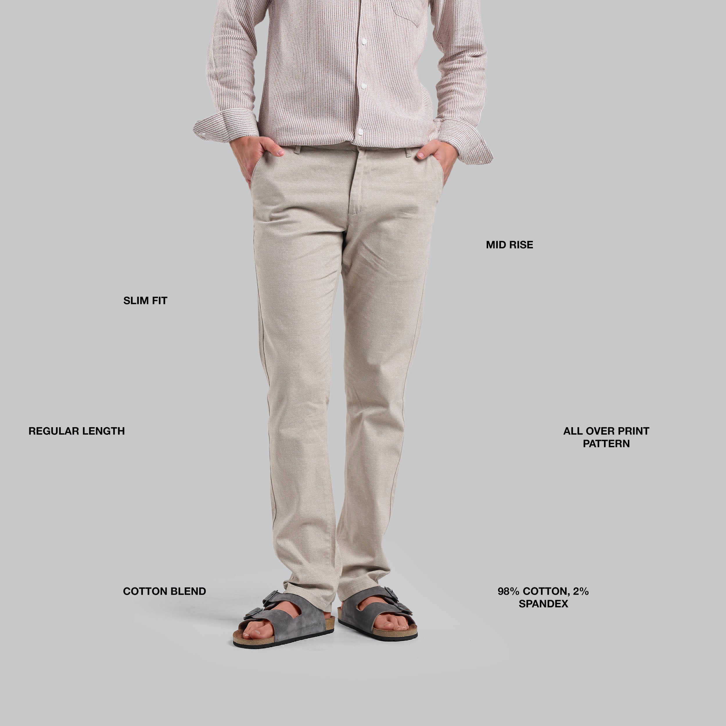 Person wearing beige pants with text labels on a gray background