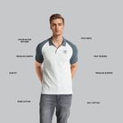 Man wearing a white and gray polo shirt with text labels on a gray background