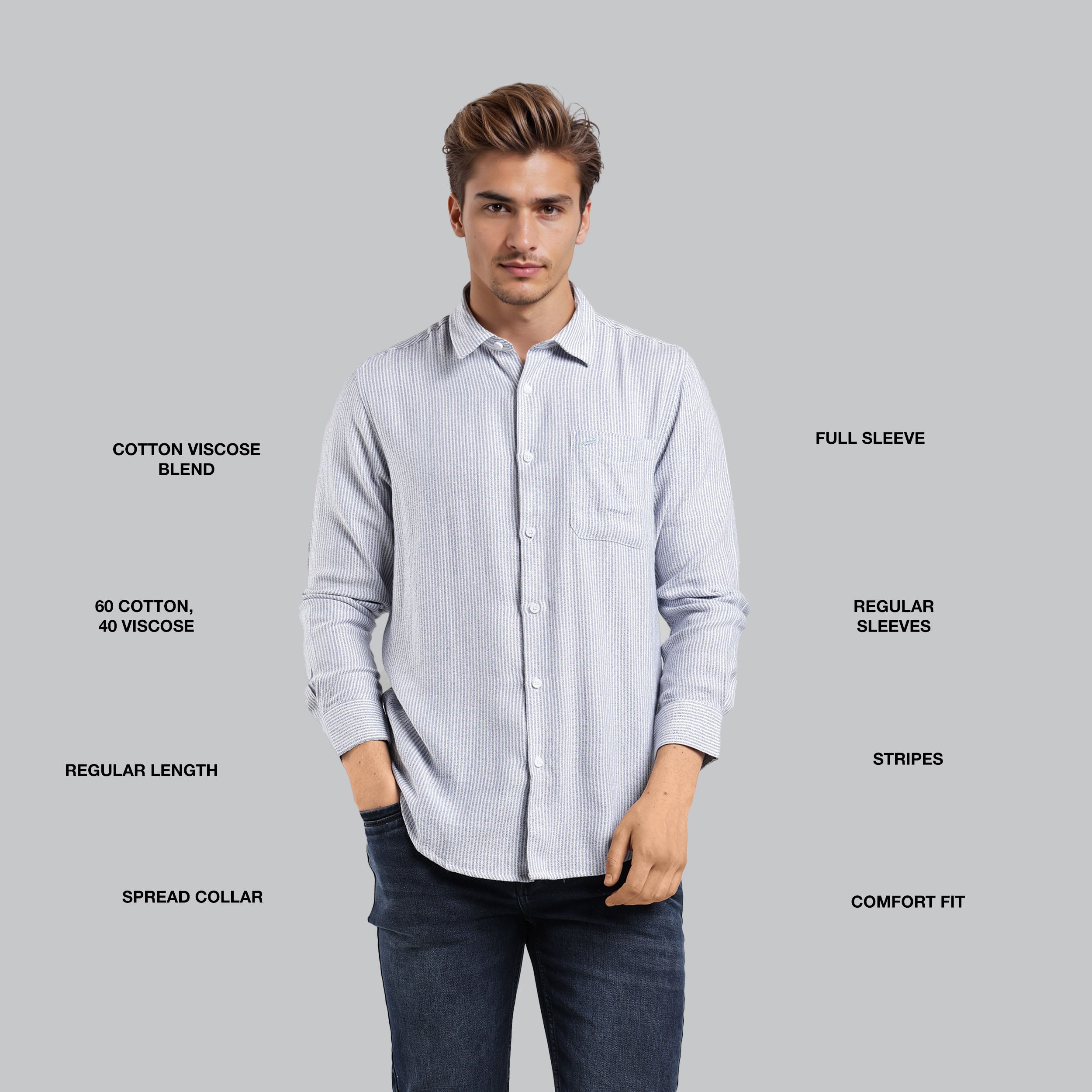 Man wearing a light blue striped shirt with text describing fabric blend, sleeve length, and other features on a gray background.