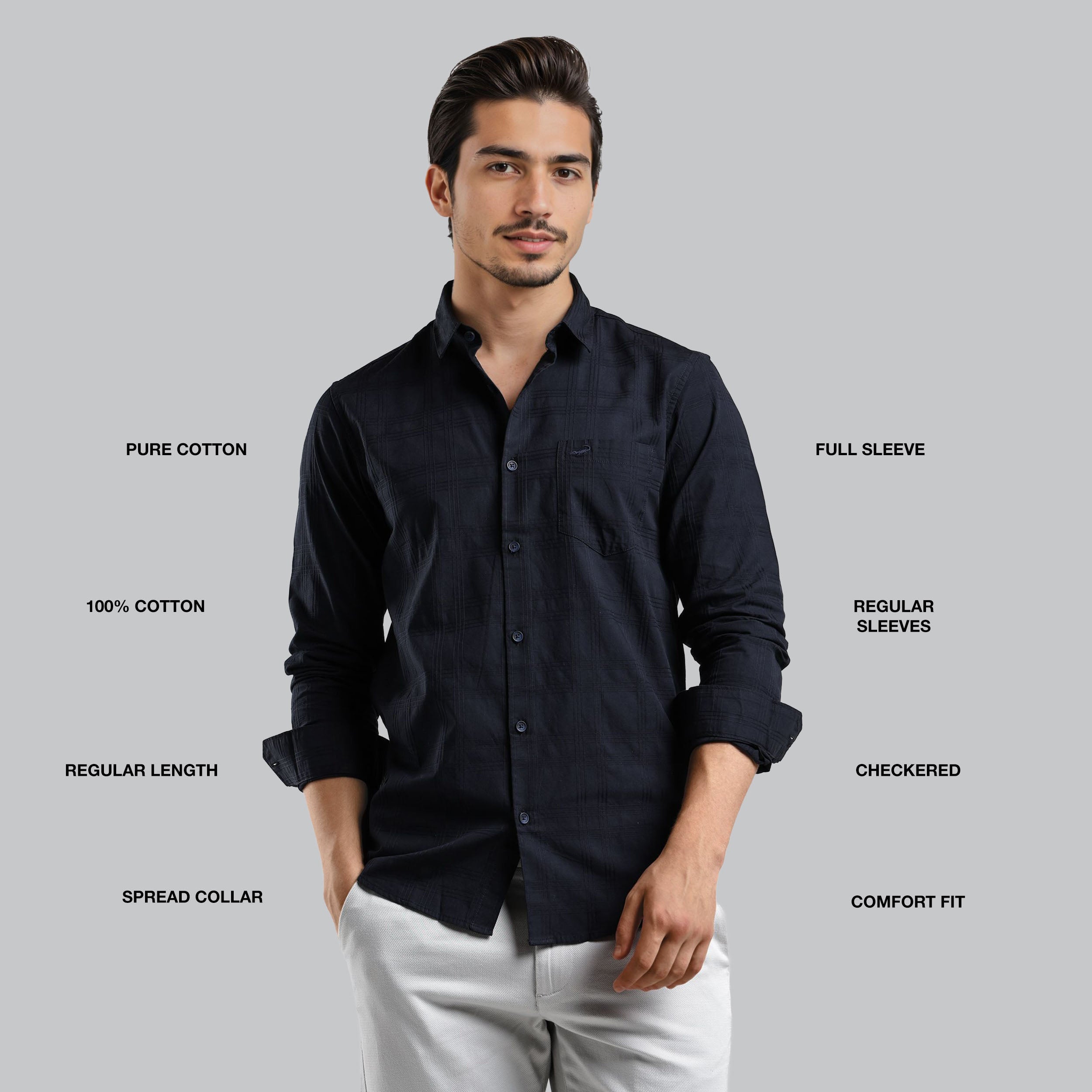 Man wearing a black shirt with text describing features on a gray background