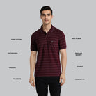 Man wearing a maroon striped polo shirt on a gray background with text describing features.