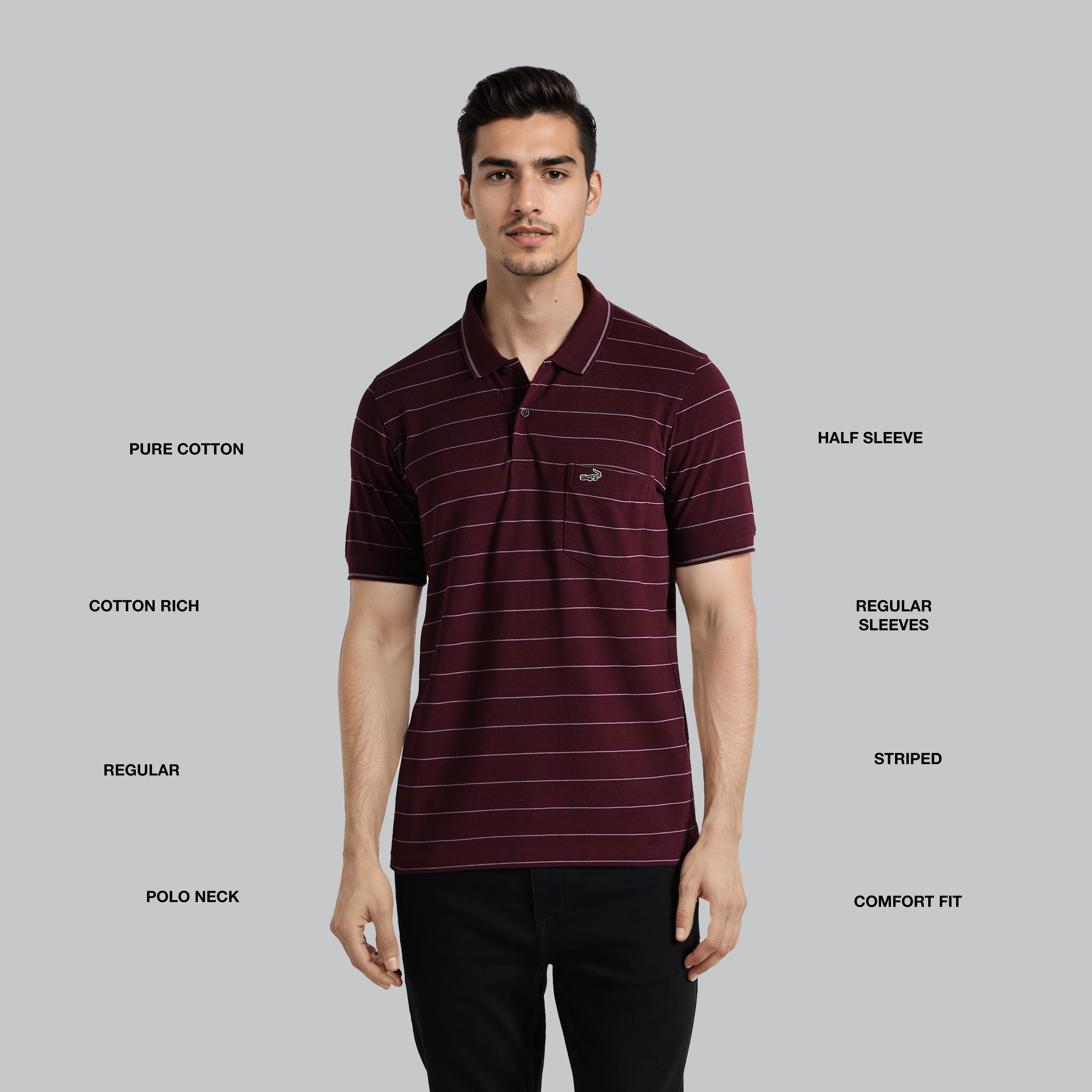 Man wearing a maroon striped polo shirt on a gray background with text describing features.